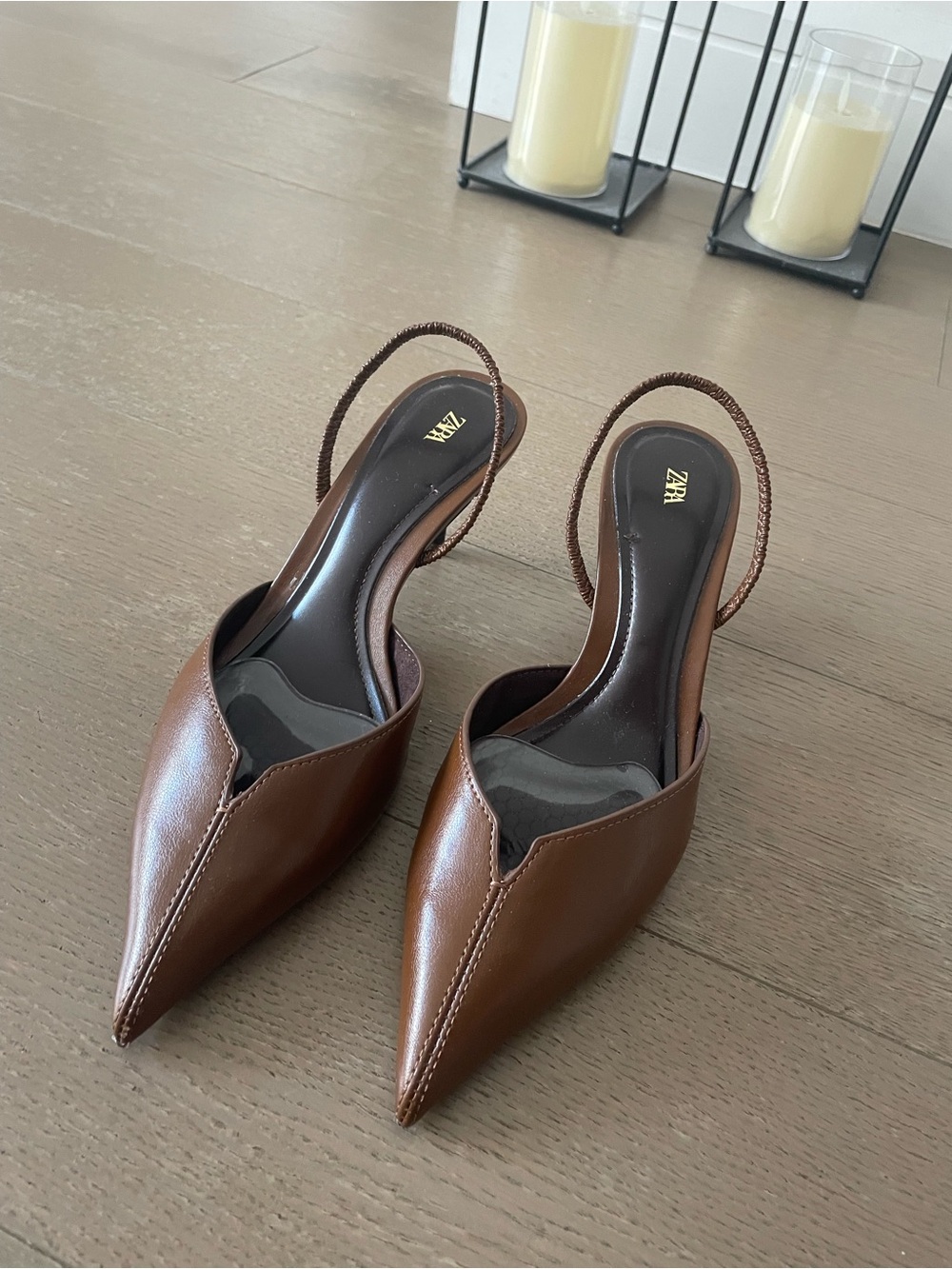 Zara Brown Pointed Leather Slingback Mules - Picture 1 of 2